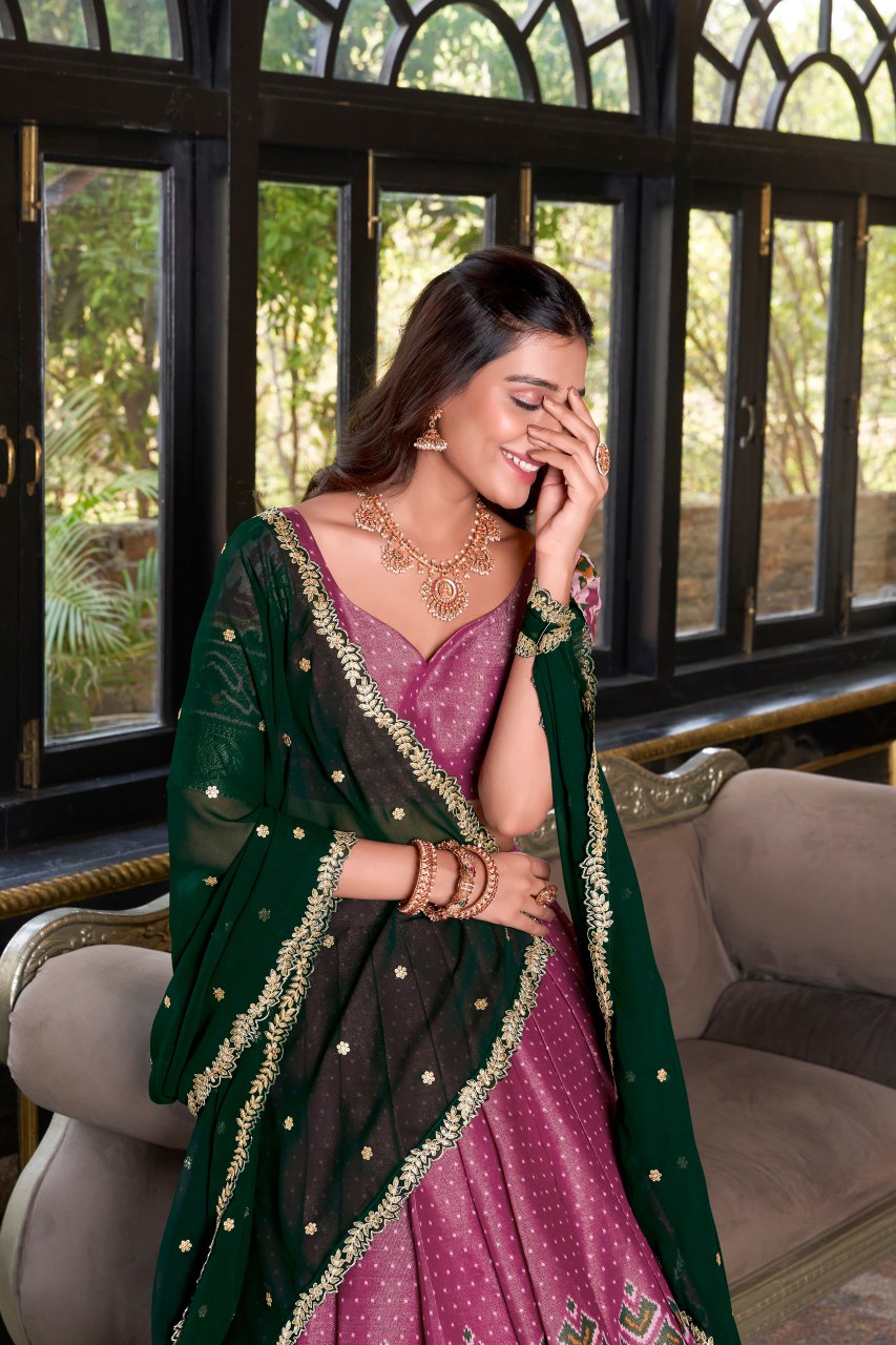 Pink Kanchipuram silk printed lehenga choli with embroidered dupatta