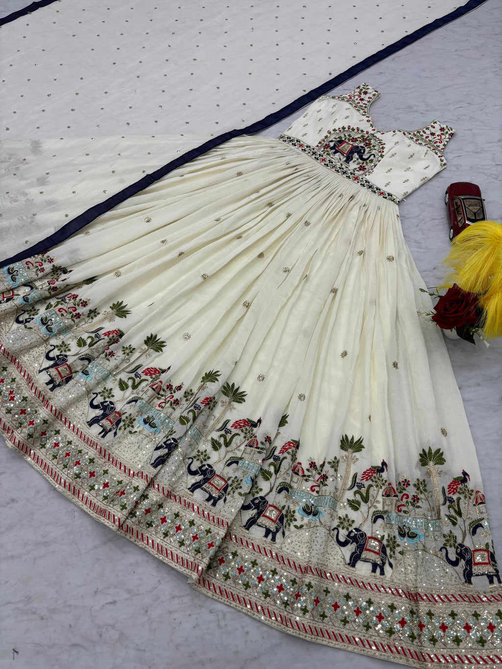Off-white chinon embroidered designer gown with dupatta