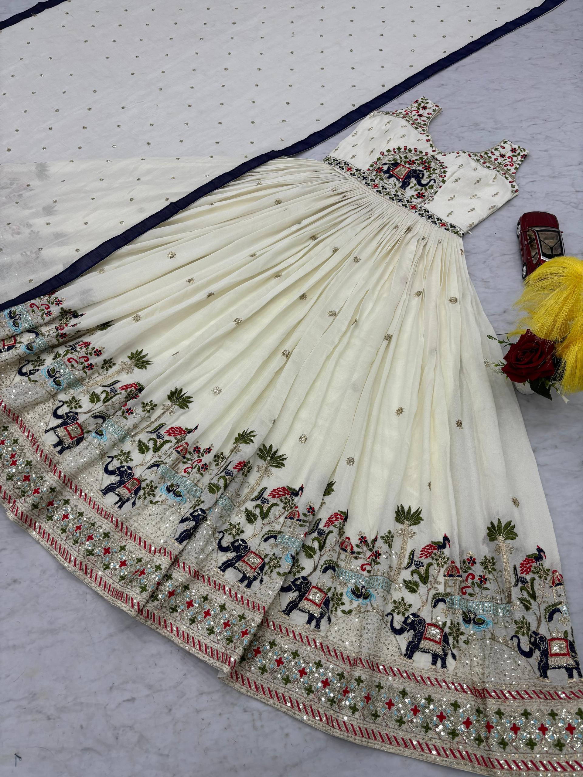 Off-white chinon embroidered designer gown with dupatta