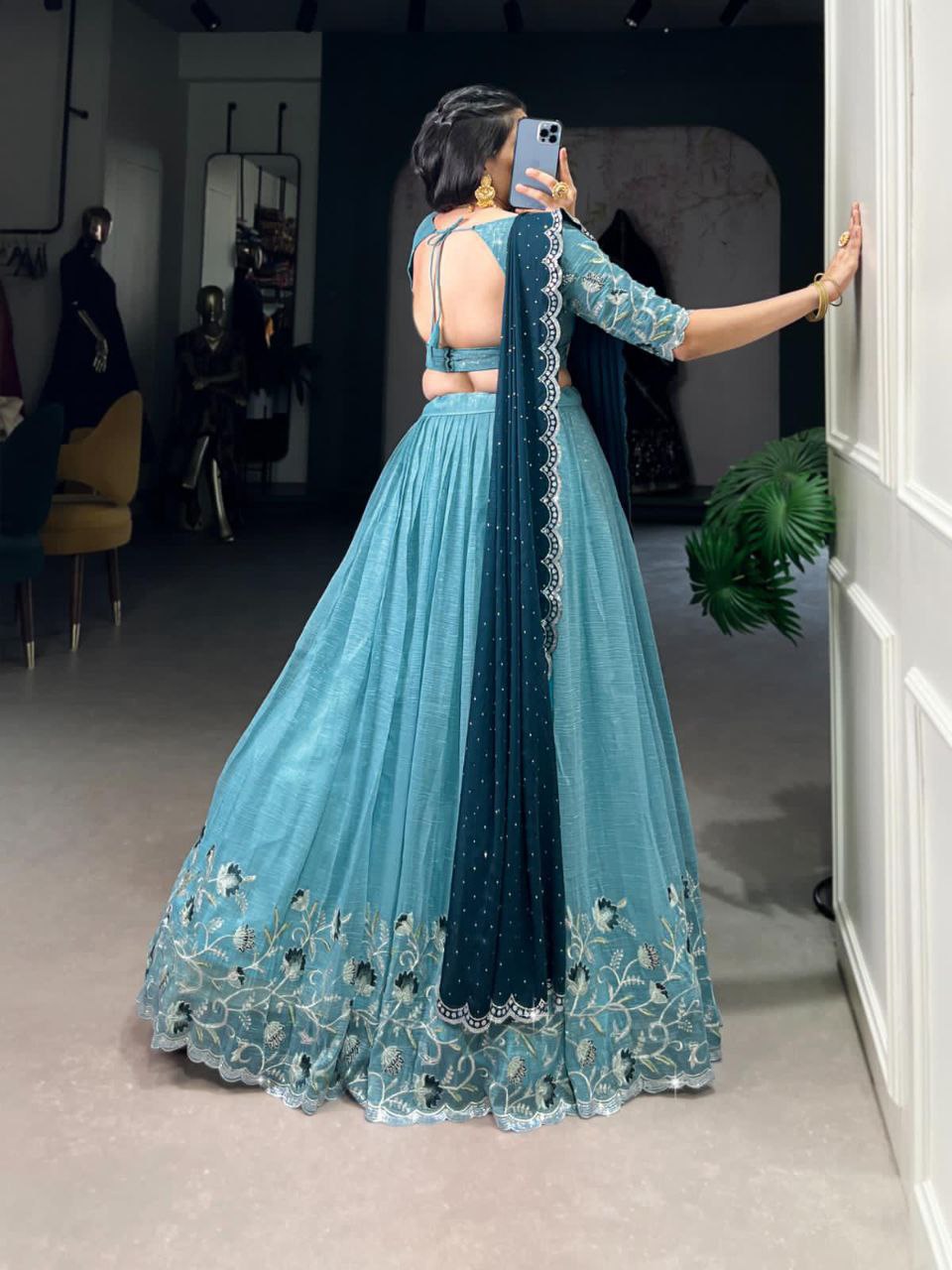 Sky blue silver glossy embroidered hotfix work lehenga choli