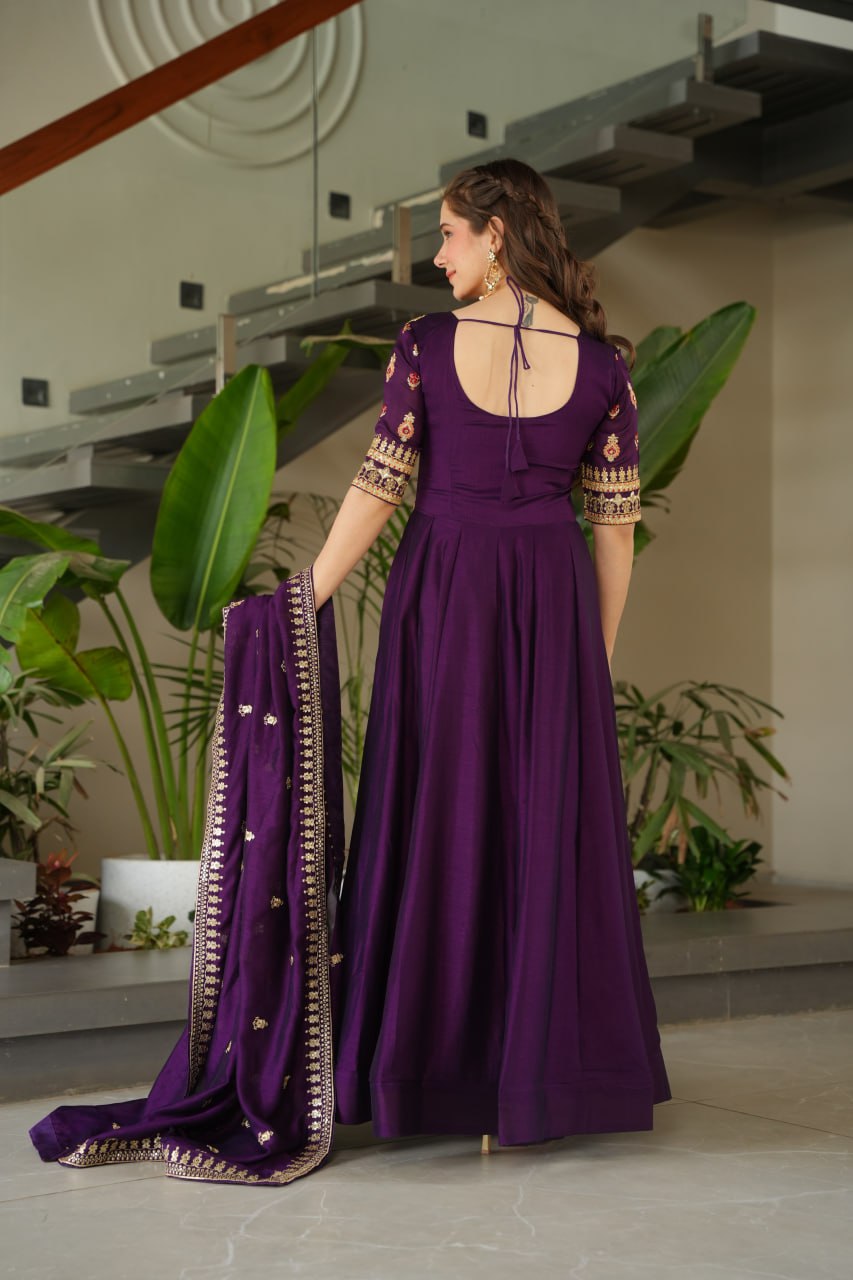 Aadishri purple silk sequins embroidered gown