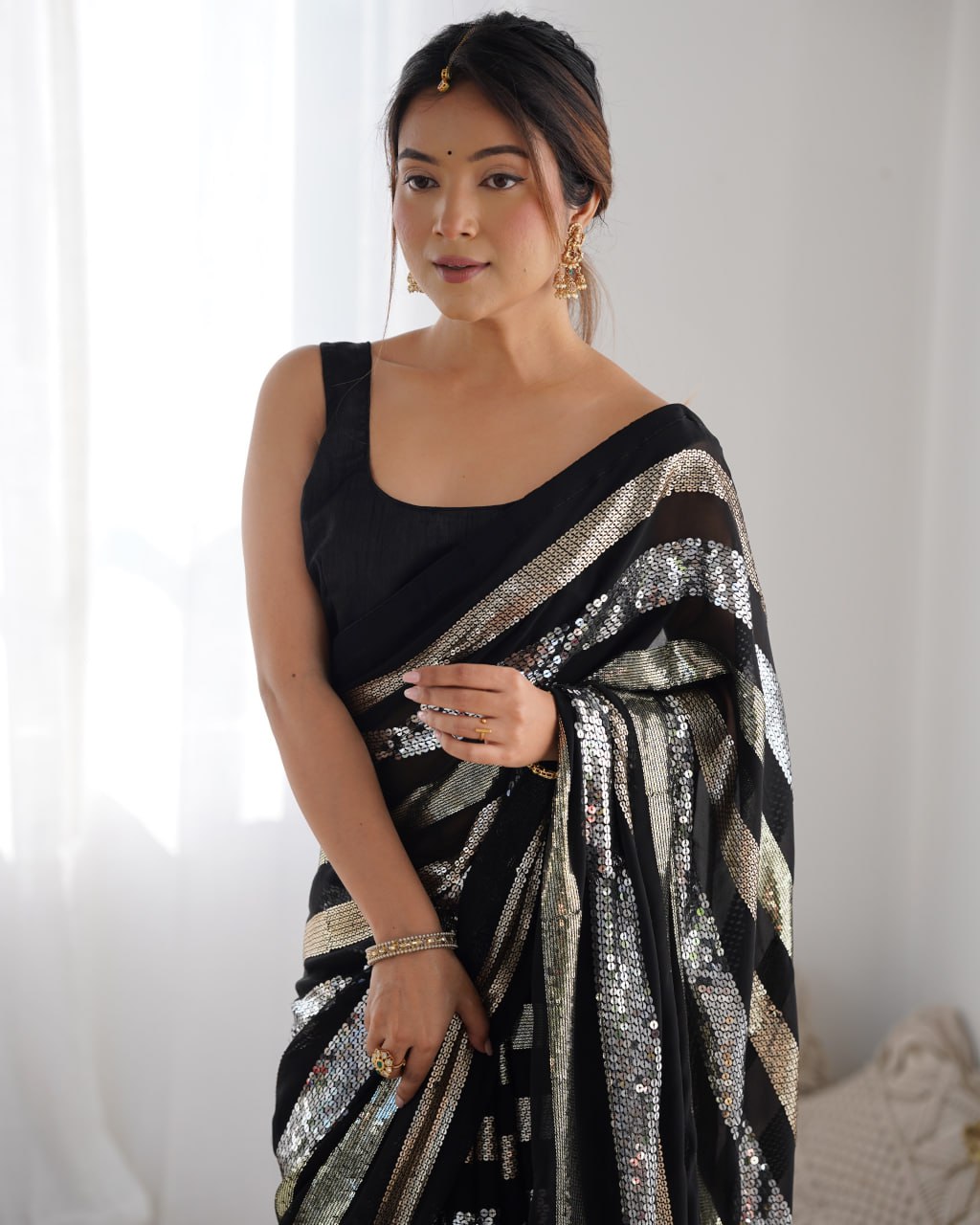 Black georgette sequin embroidered Kira designer saree