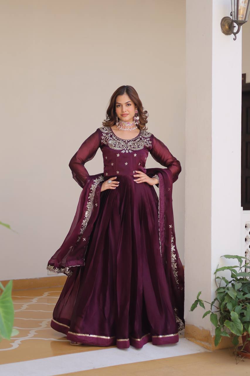 Siddhika pure Burberry silk embroidered gown set