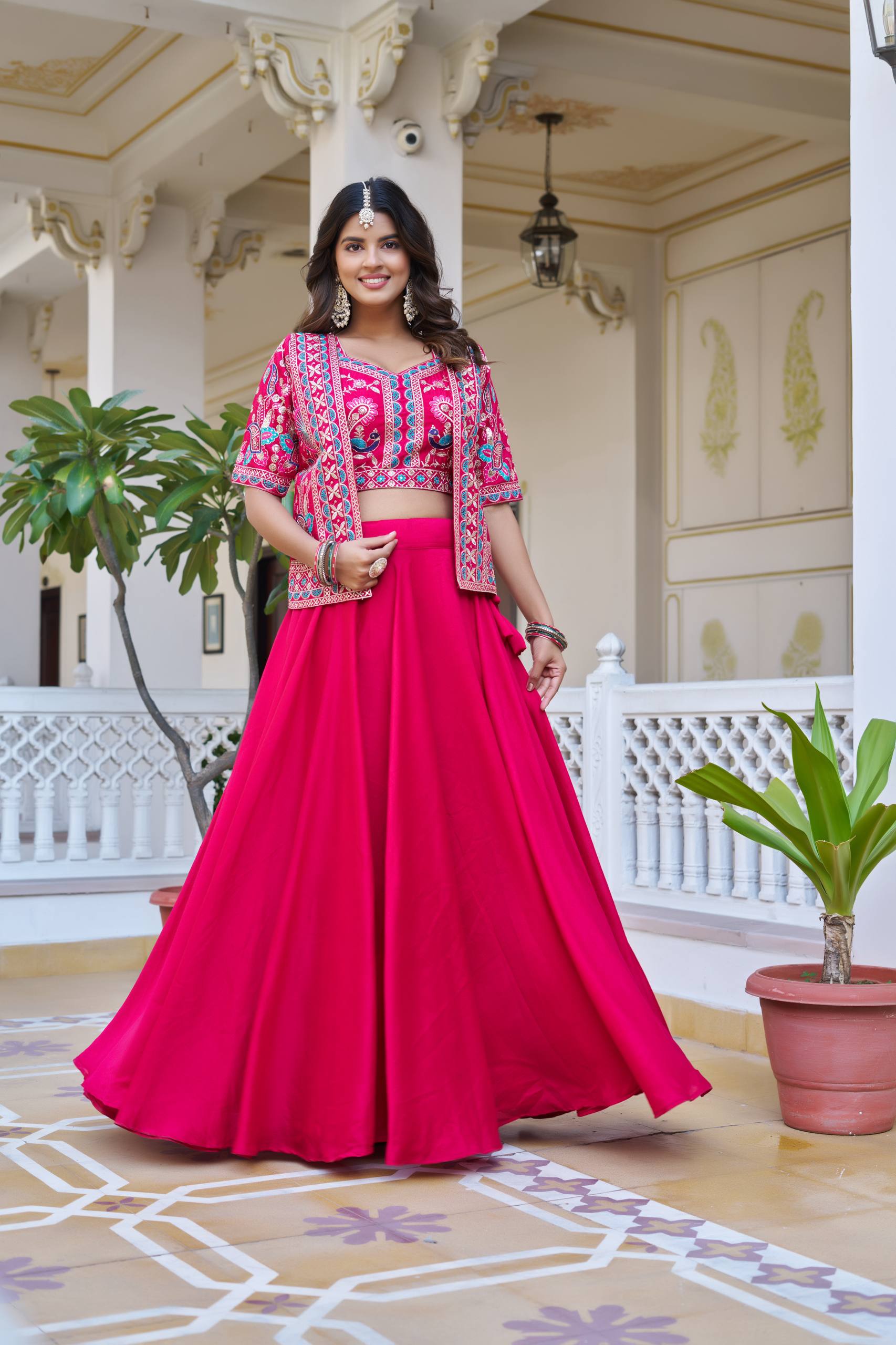 Devisha pink Vichitra silk lehenga choli with embroidered koti