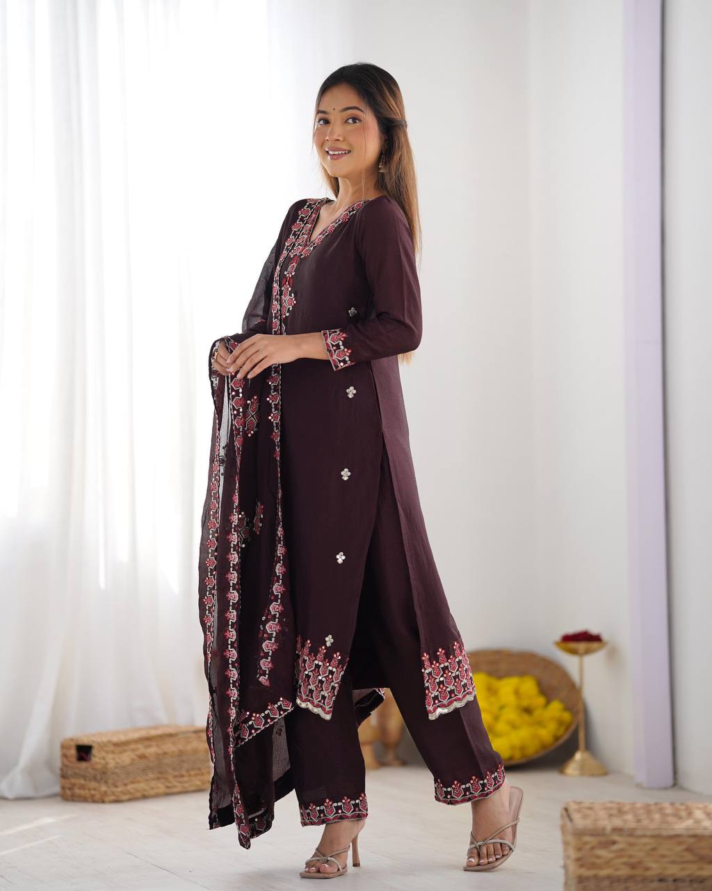 Anvitha Brown Chinon Silk Kurti Set with 5mm sequin embroidery, lace detailing & dupatta – festive ethnic wear for women.