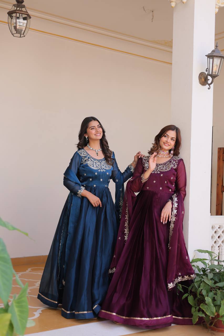 Siddhika pure Burberry silk embroidered gown set