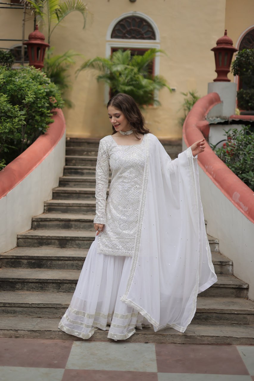 White georgette embroidered Lavya designer sharara suit