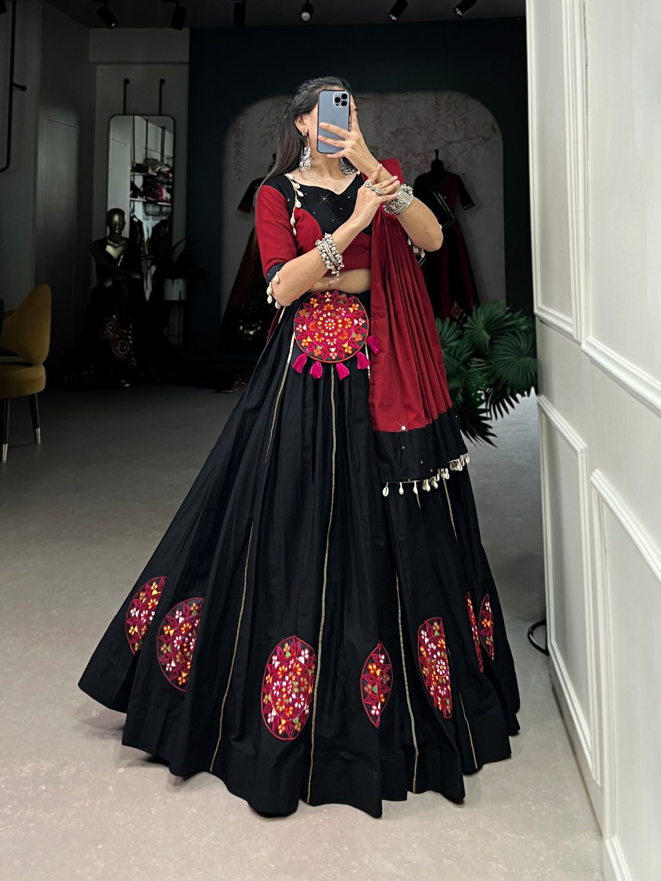 Black pure cotton Gamthi patch work lehenga choli with mirror work dupatta and purse