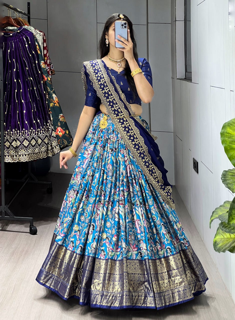 Blue Kalamkari soft dola silk half saree lehenga with embroidered dupatta