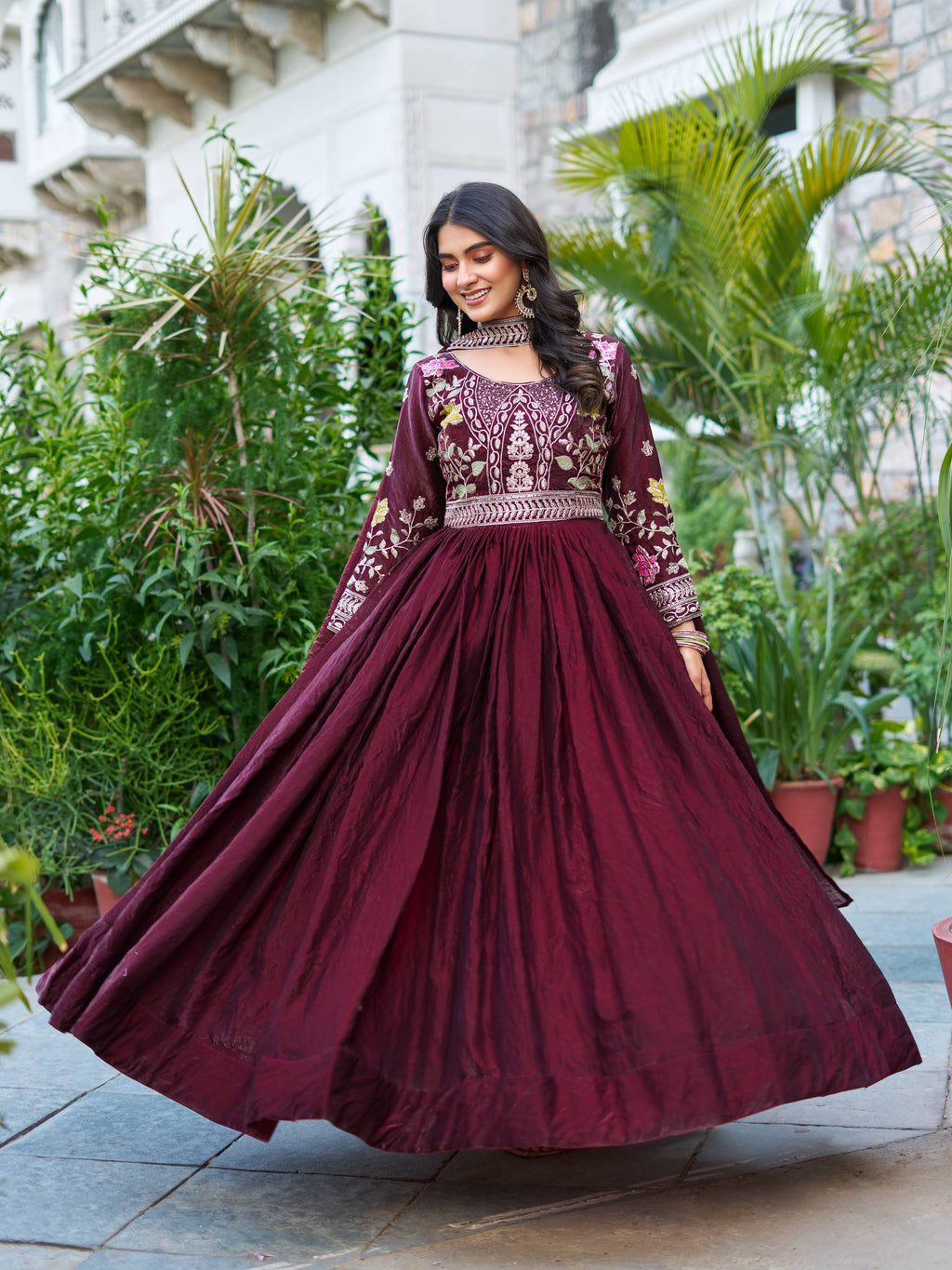 Dipa wine Fendy silk gown with embroidery sequins thread work and dupatta