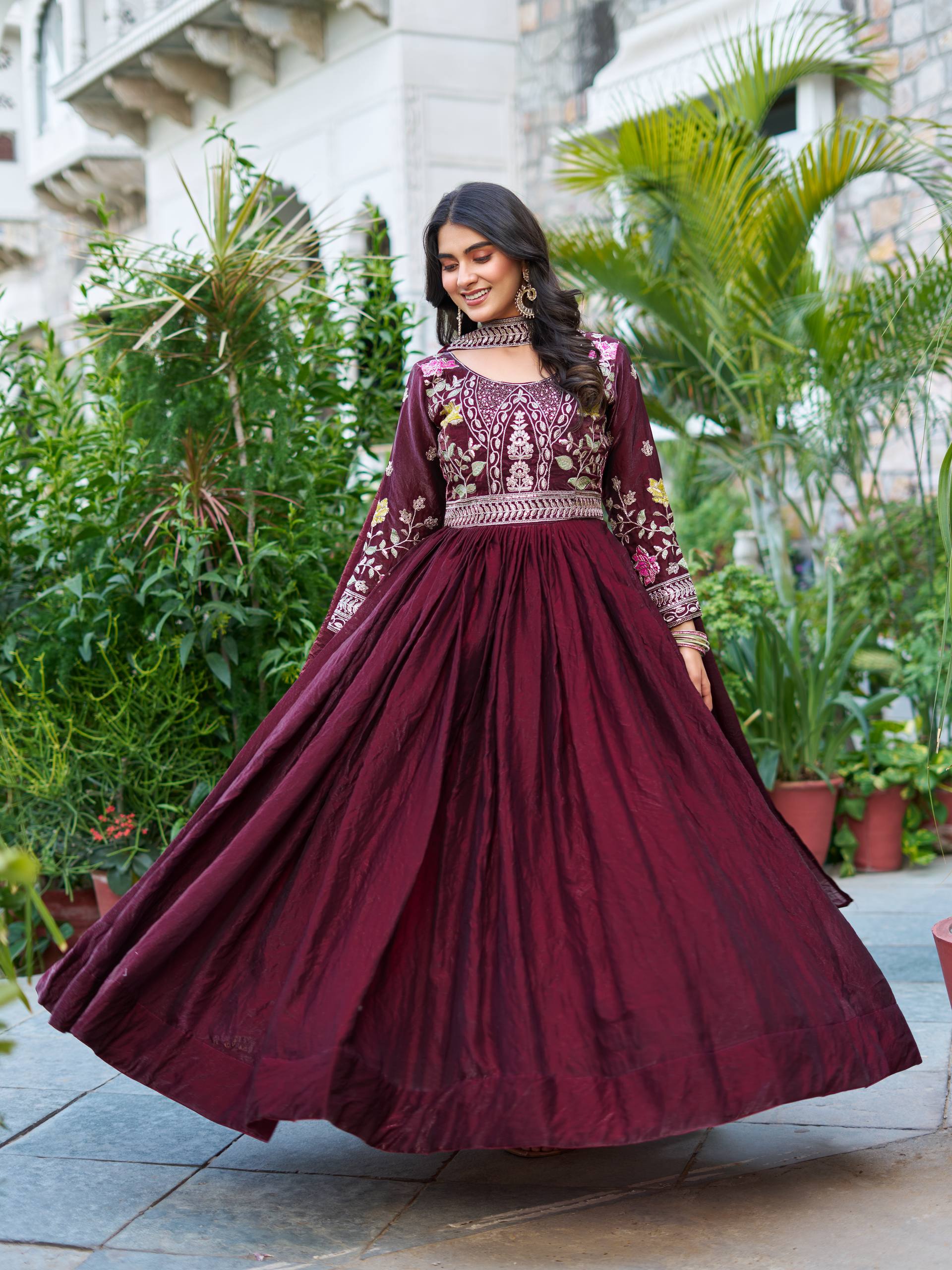 Dipa wine Fendy silk gown with embroidery sequins thread work and dupatta