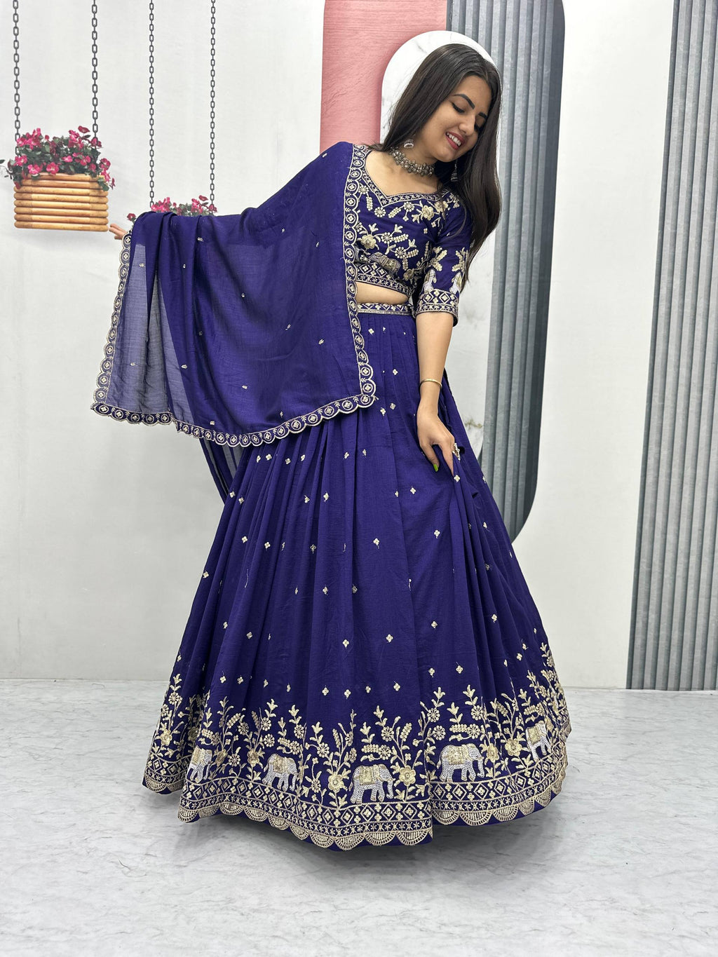 Gopi navy blue Vichitra silk lehenga choli with embroidery sequins thread work