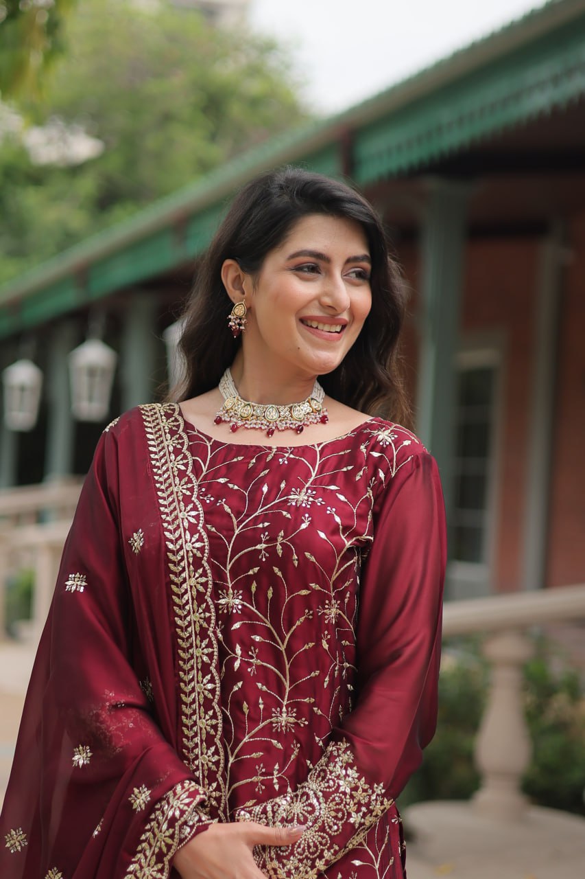 Maroon Rangoli silk embroidered Hitanshi designer kurti palazzo suit
