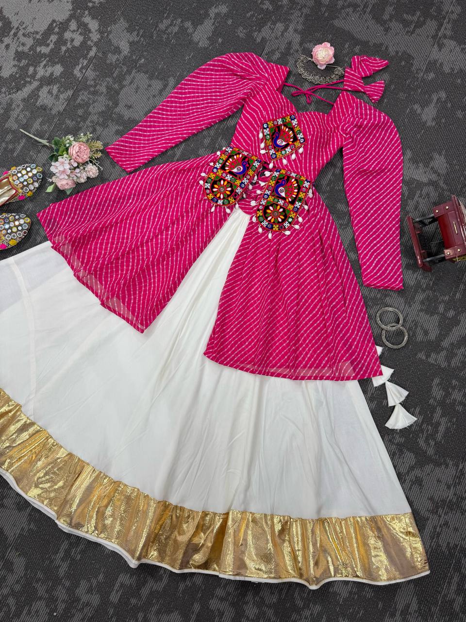 Pink georgette top with digital print and thread work butter silk Gota Patti lehenga