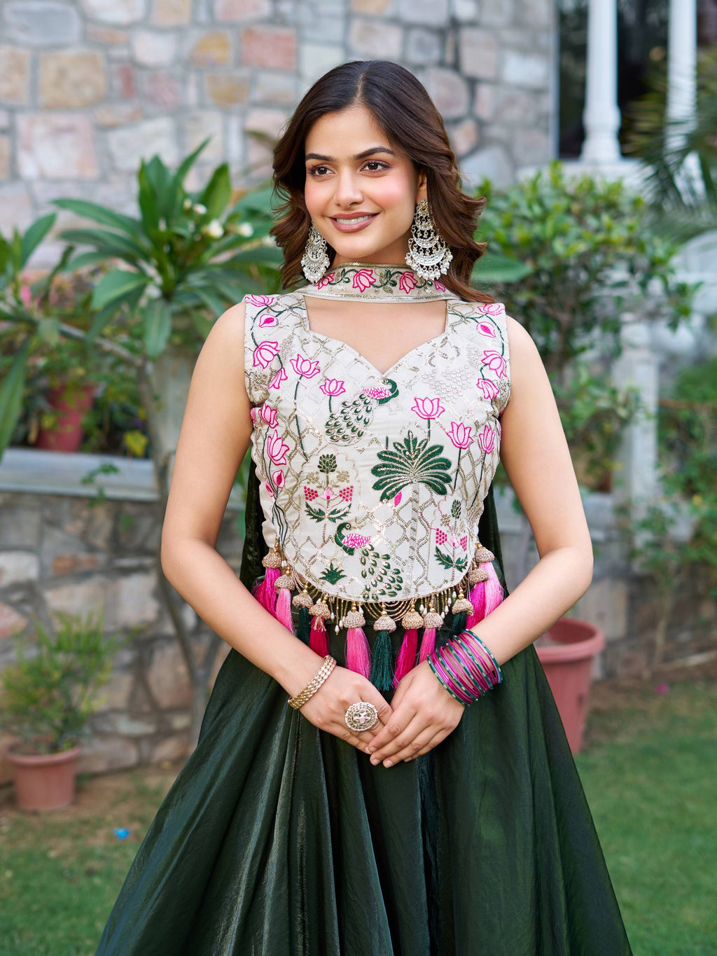 Tanu green tissue silk lehenga choli with sequins thread work and dupatta