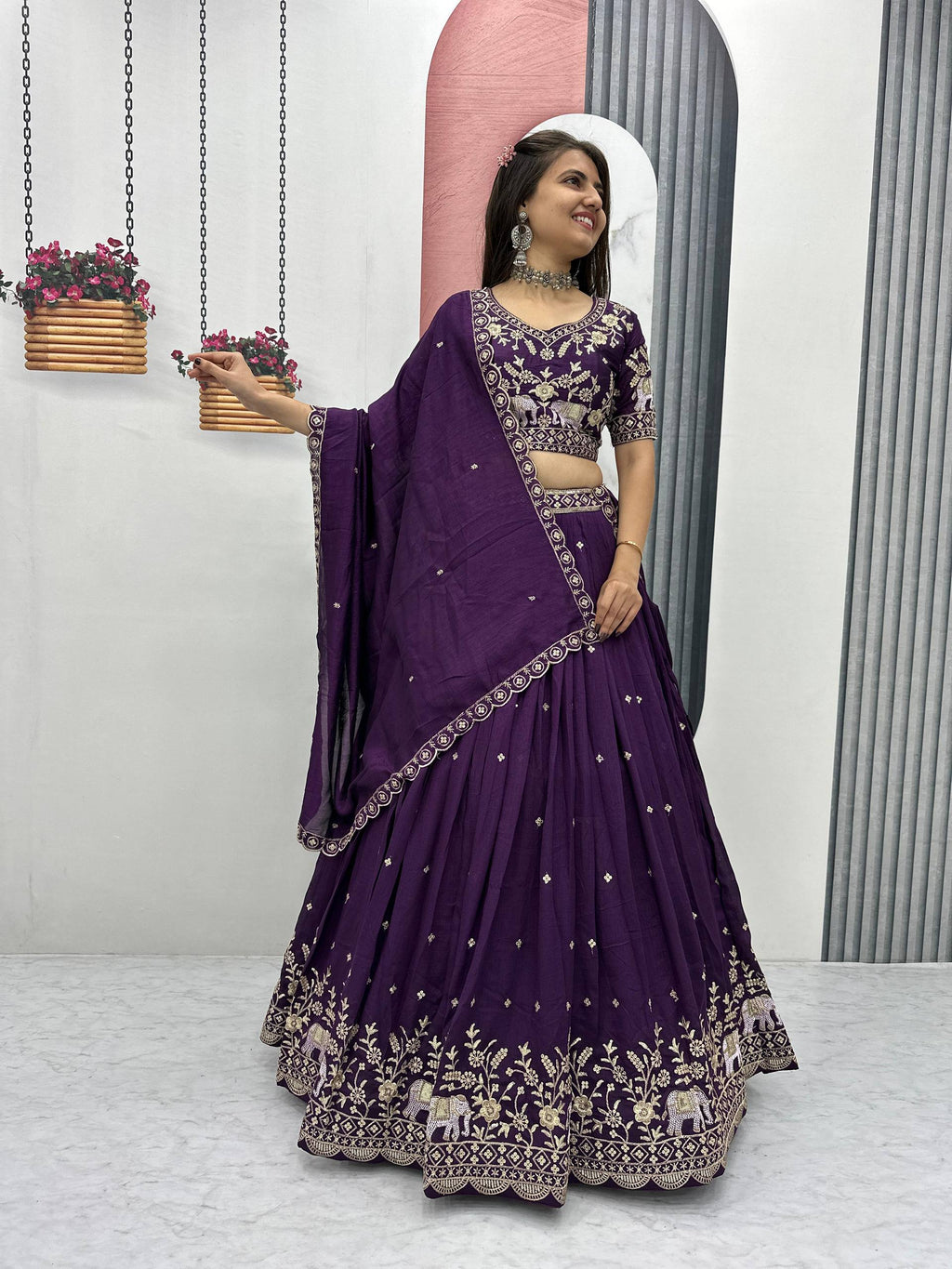 Gopi deep purple Vichitra silk lehenga choli with embroidery sequins thread work