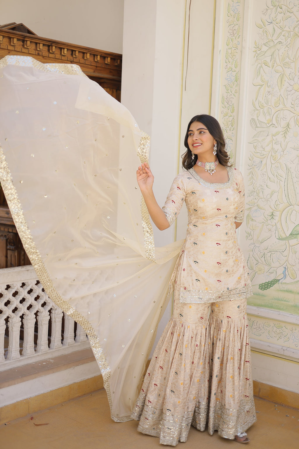 Krishnapriya off white viscose embroidered kurti gharara set