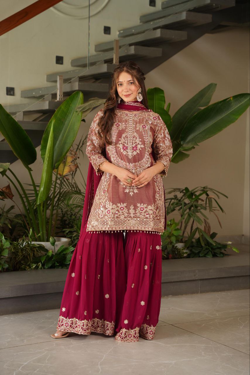Maroon crazy silk embroidered kurti palazzo set with dupatta