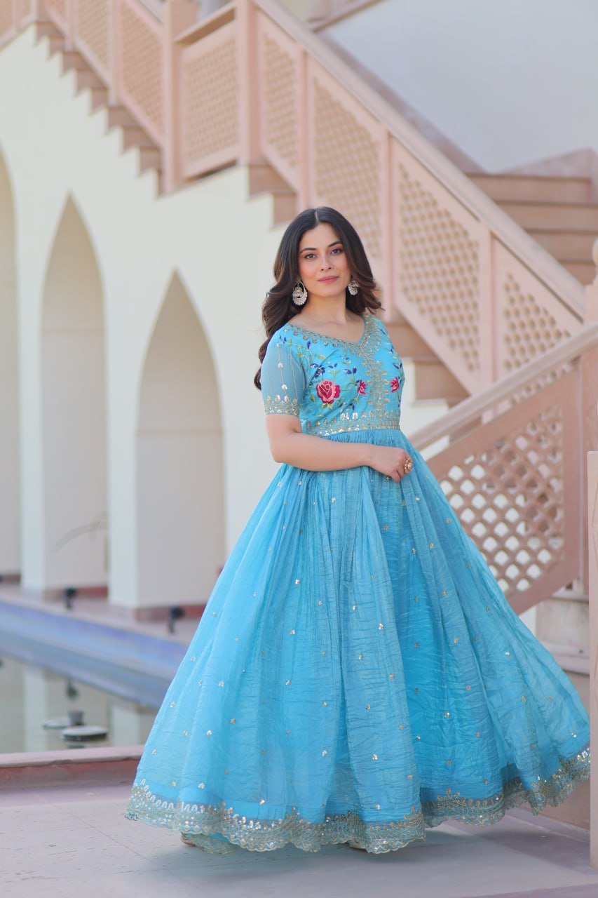 Sky blue gold crush zari sequins work embroidered gown