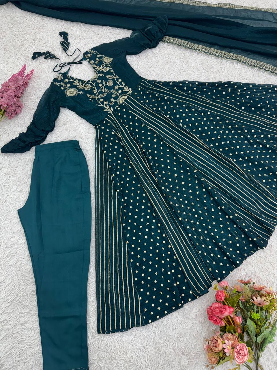 Teal green crunchy silk embroidered Anarkali suit set