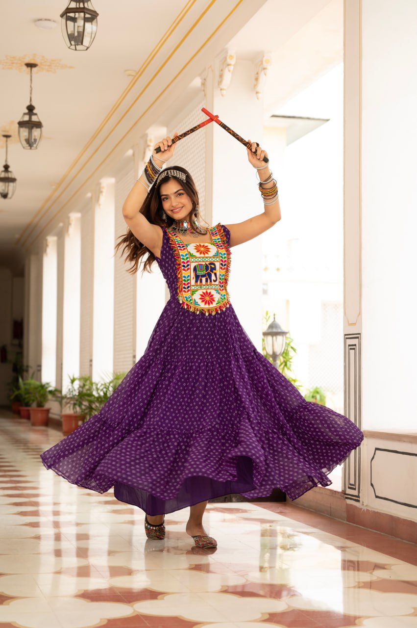 Purple faux georgette Bandhani print Kutchi patch mirror work gown
