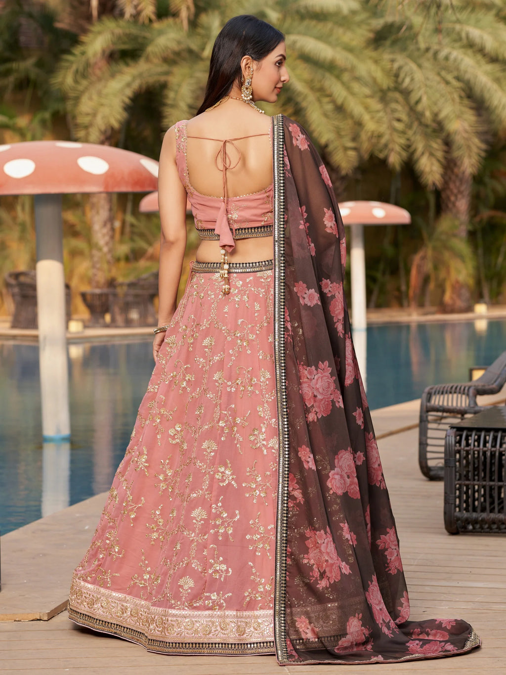 Navya dusty pink embroidered lehenga choli with floral dupatta