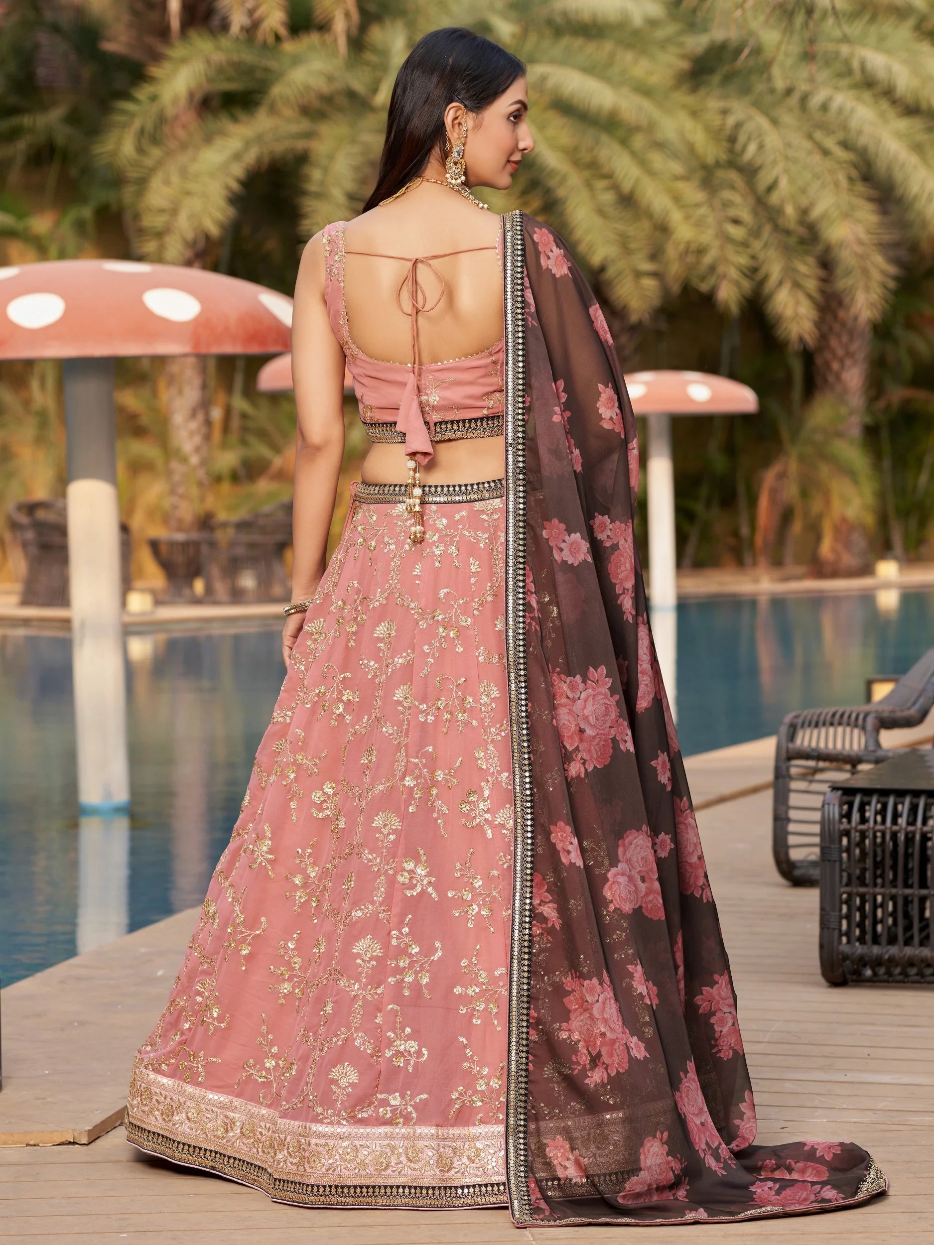 Navya dusty pink embroidered lehenga choli with floral dupatta