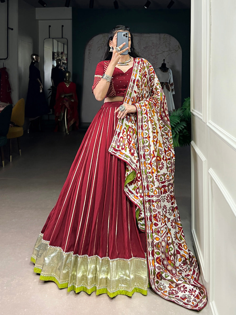 Maroon Chanderi zari weaving and embossed lace lehenga choli