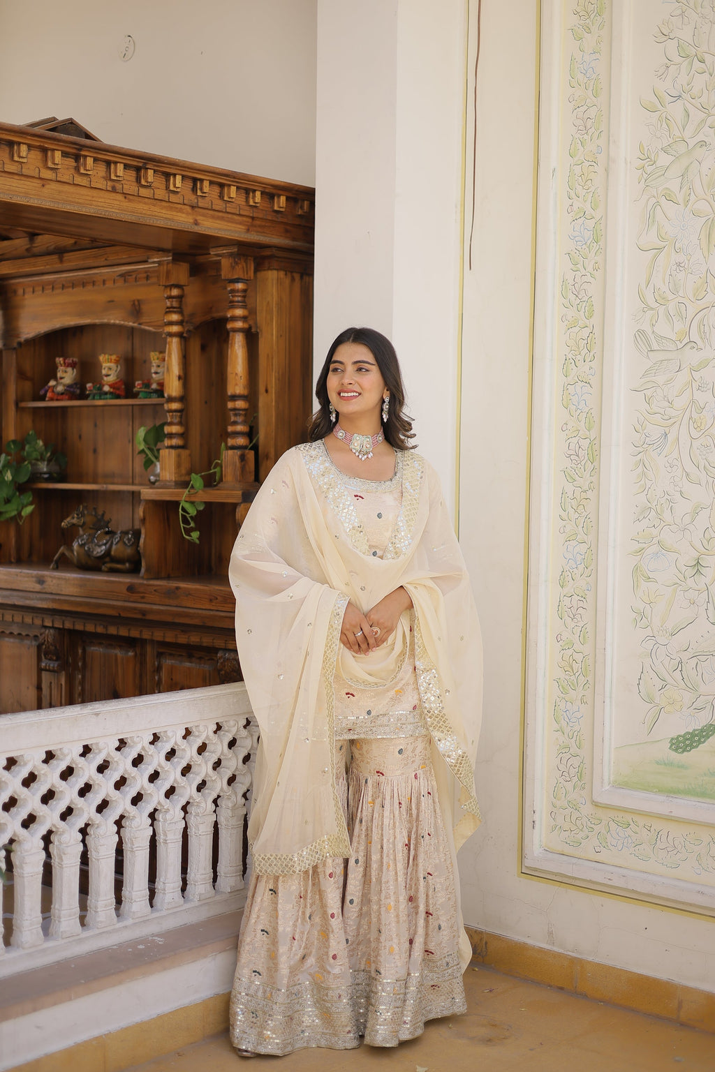 Krishnapriya off white viscose embroidered kurti gharara set