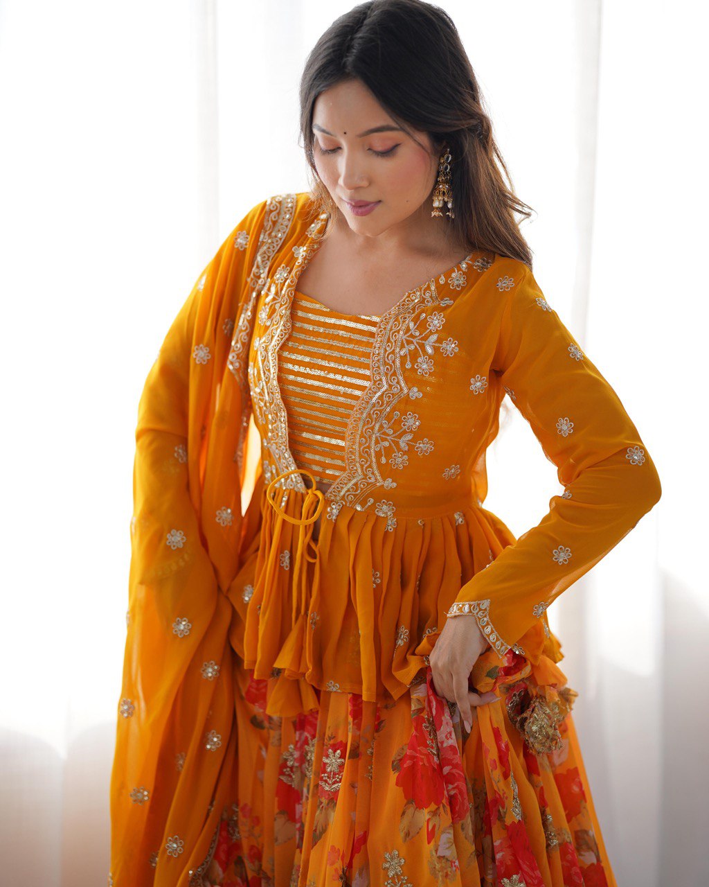 Yellow lehenga choli for Haldi, embroidered georgette lehenga with jacket, digital print lehenga, wedding lehenga set, Trinaari festive wear.