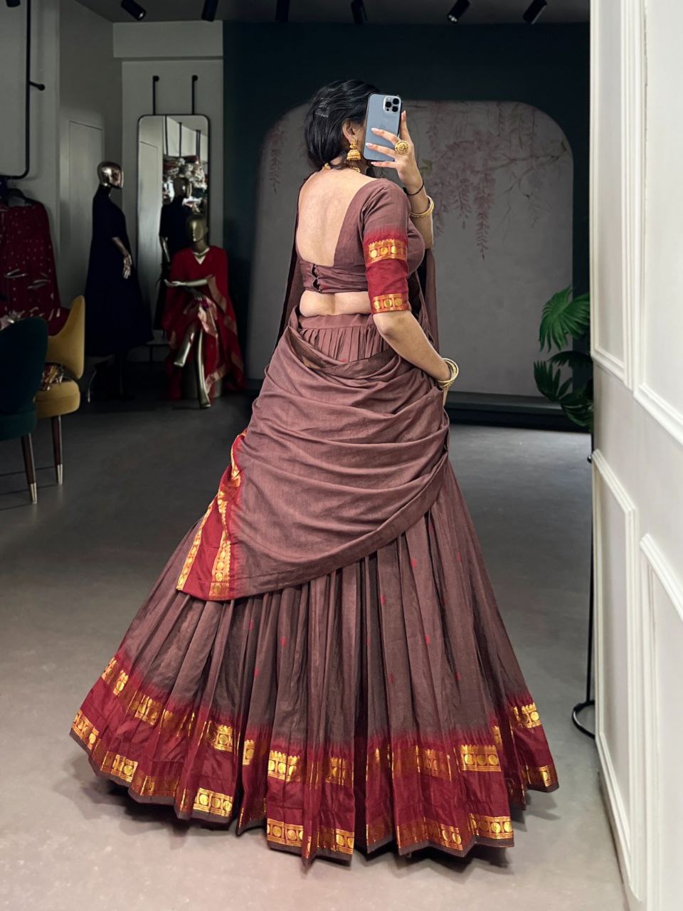 Dusty brown pure Chanderi zari weaving half saree lehenga choli