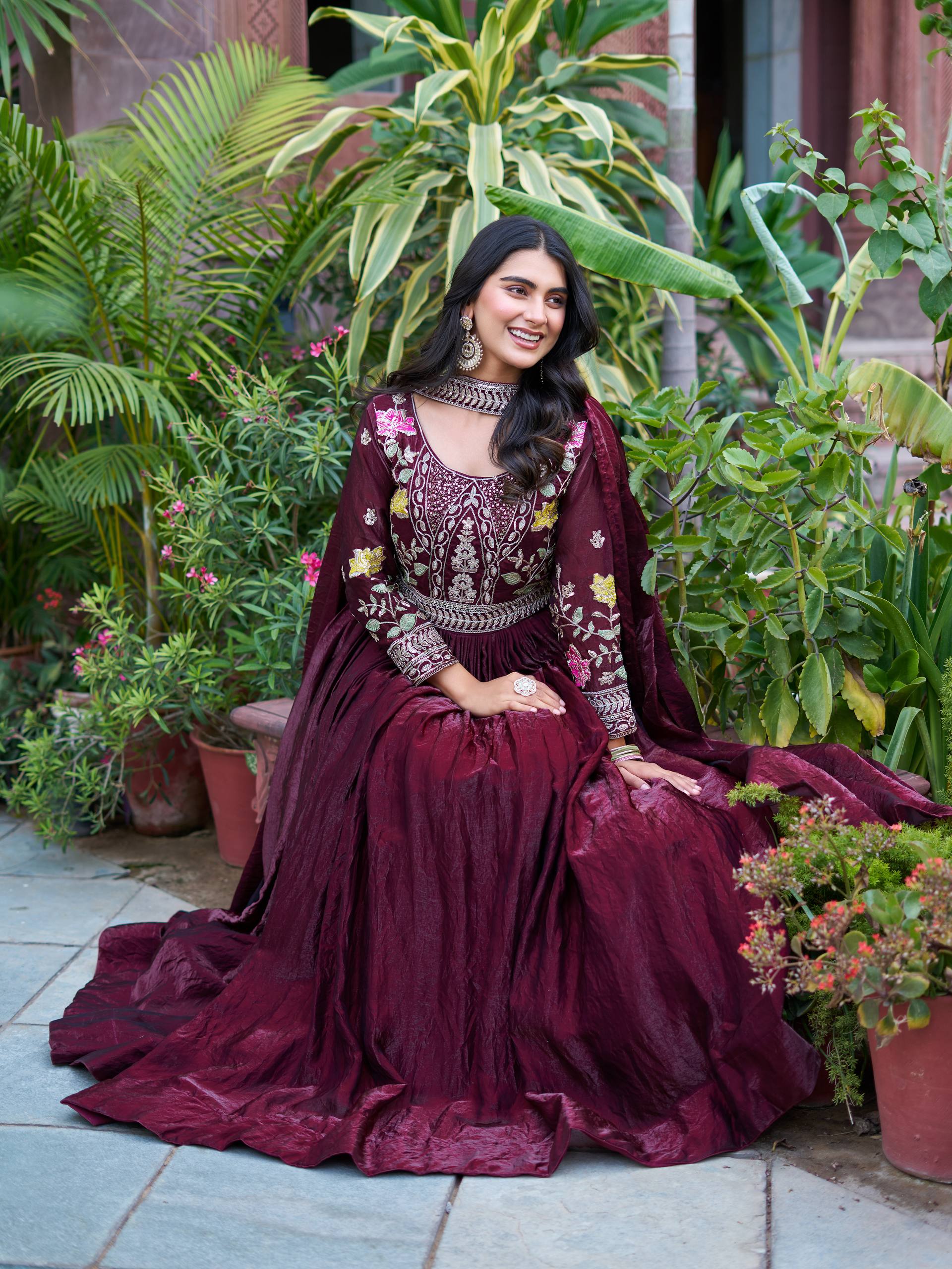 Dipa wine Fendy silk gown with embroidery sequins thread work and dupatta
