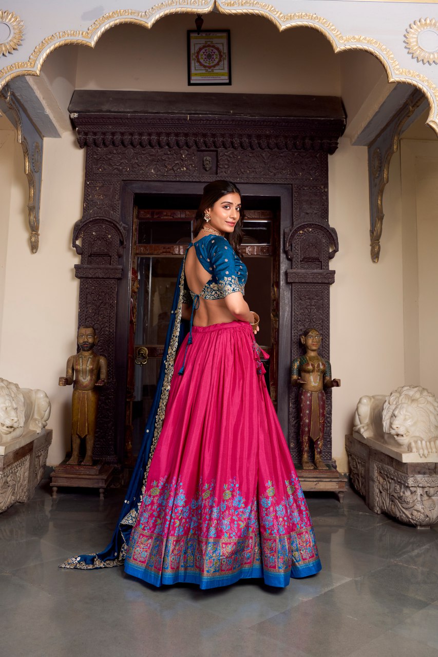 Blue tussar silk foil print lehenga choli with embroidered dupatta