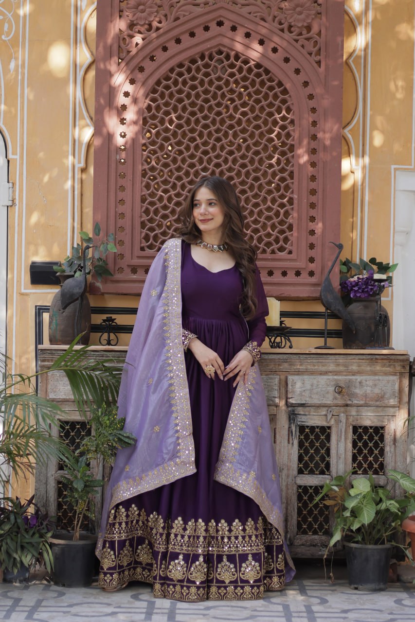 Purple star georgette embroidered zari sequins work gown with dupatta