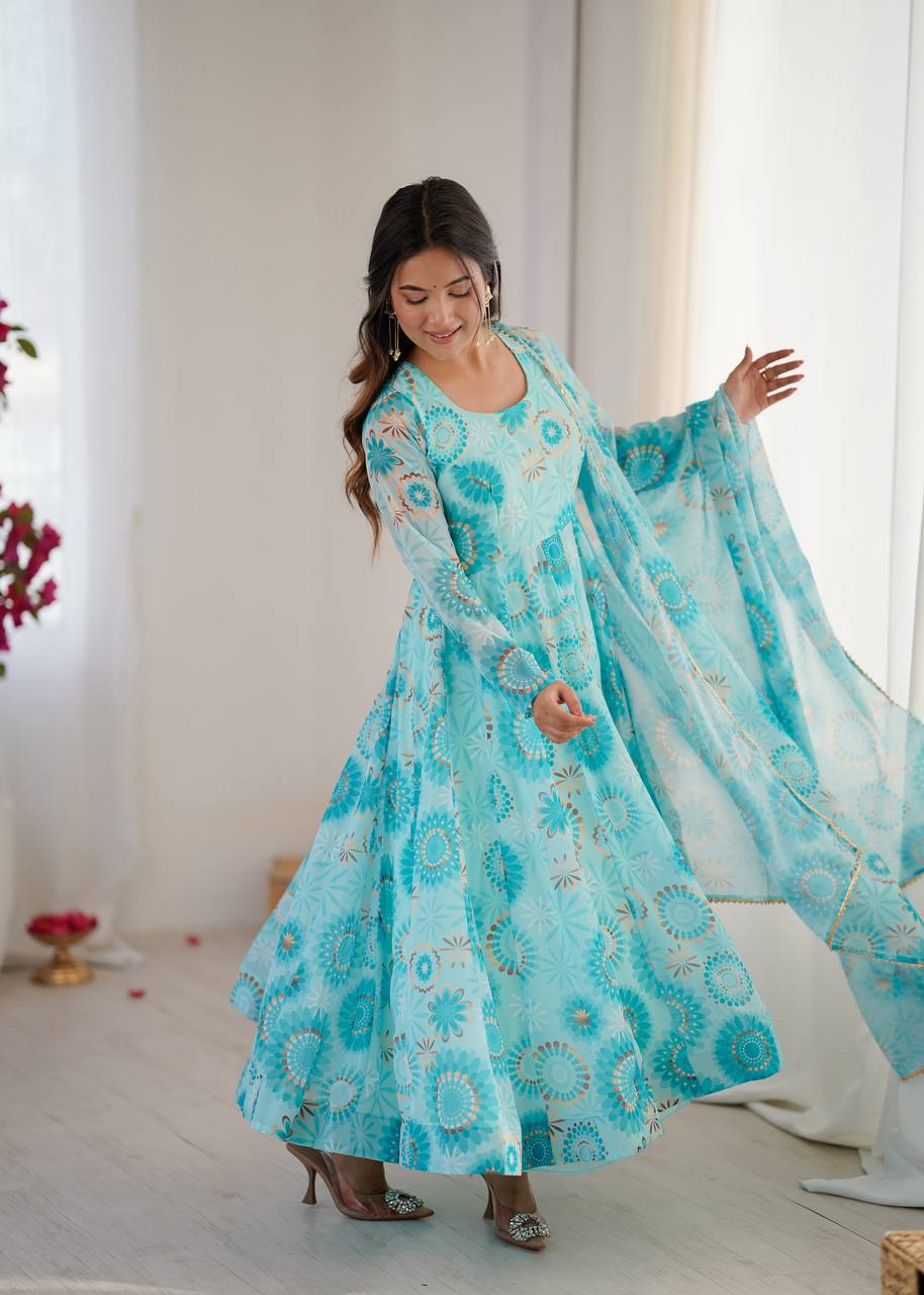 Sky blue georgette floral printed Anarkali suit for women