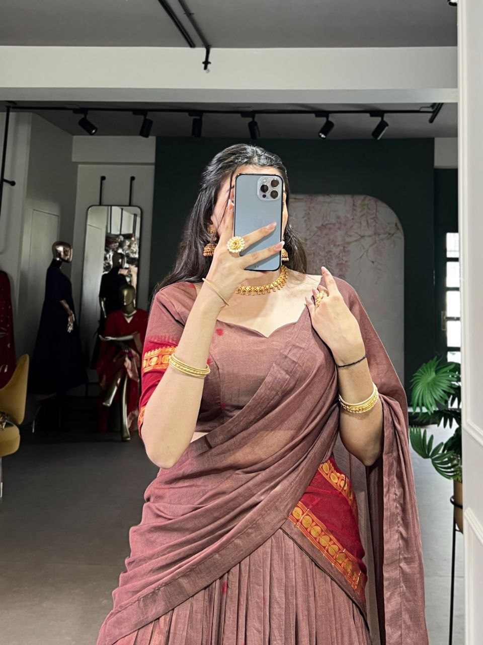 Dusty brown pure Chanderi zari weaving half saree lehenga choli