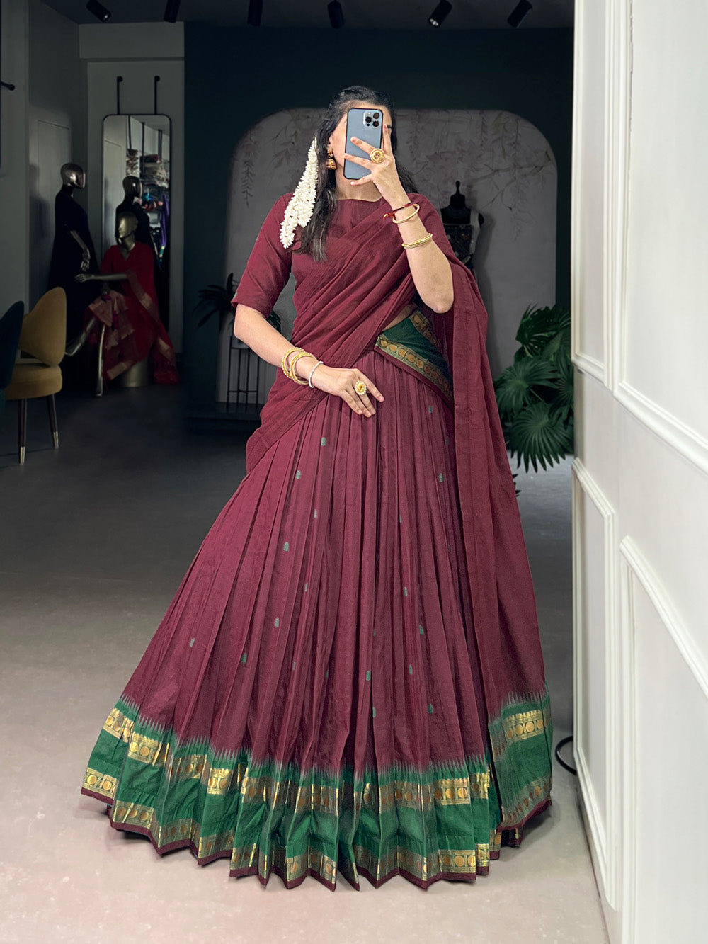 Maroon traditional Chanderi half-saree lehenga with zari work
