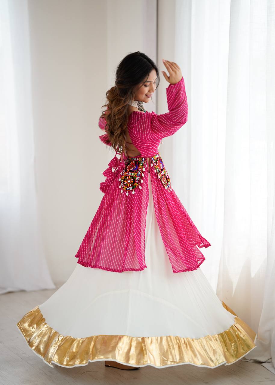 Pink georgette top with digital print and thread work butter silk Gota Patti lehenga