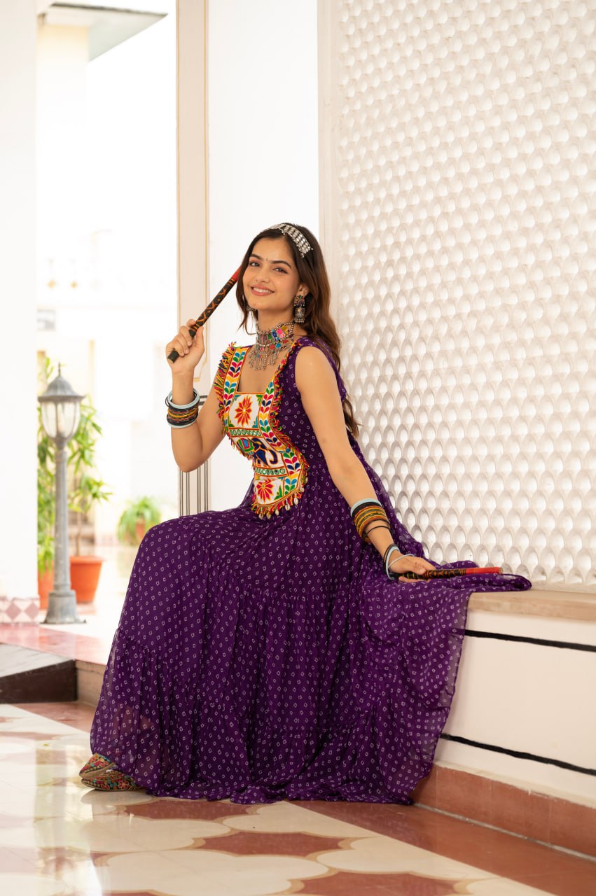 Purple faux georgette Bandhani print Kutchi patch mirror work gown