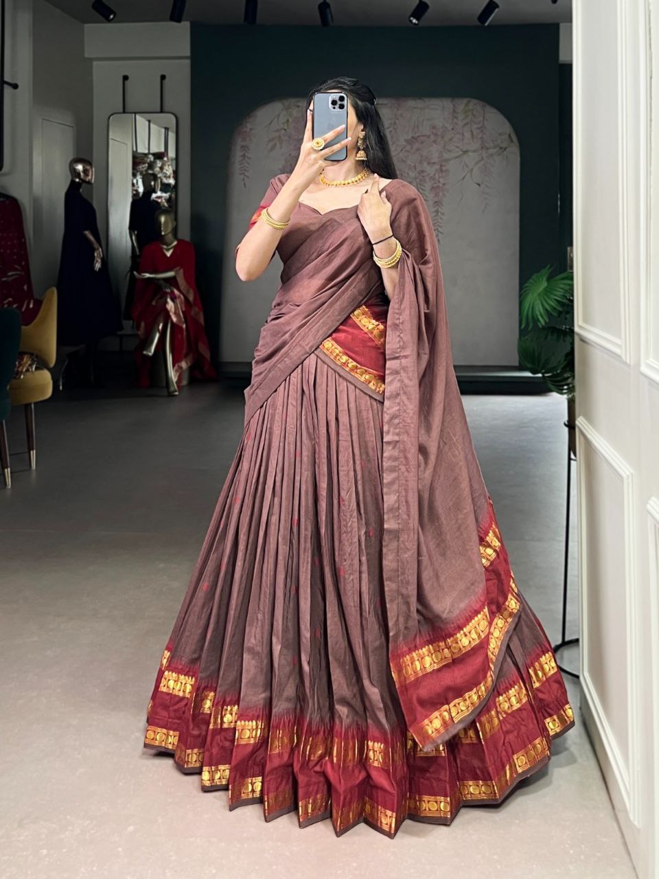 Dusty brown pure Chanderi zari weaving half saree lehenga choli
