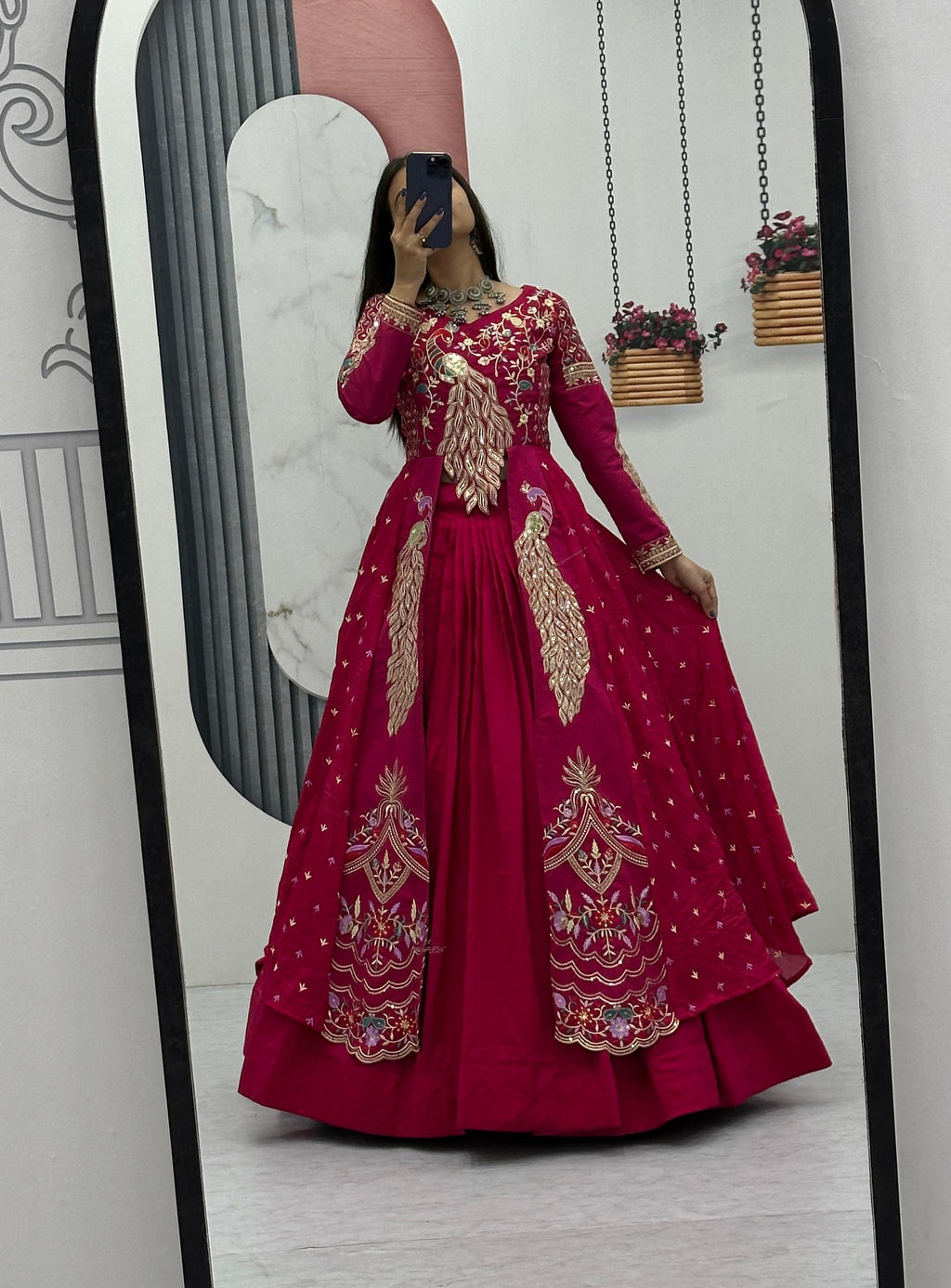 Mani pink vichitra silk crop top peacock design lehenga with embroidered shrug