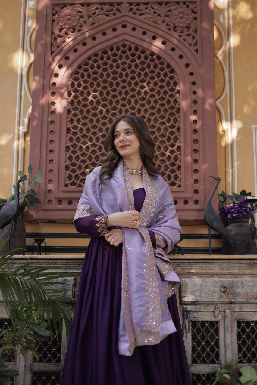 Purple star georgette embroidered zari sequins work gown with dupatta