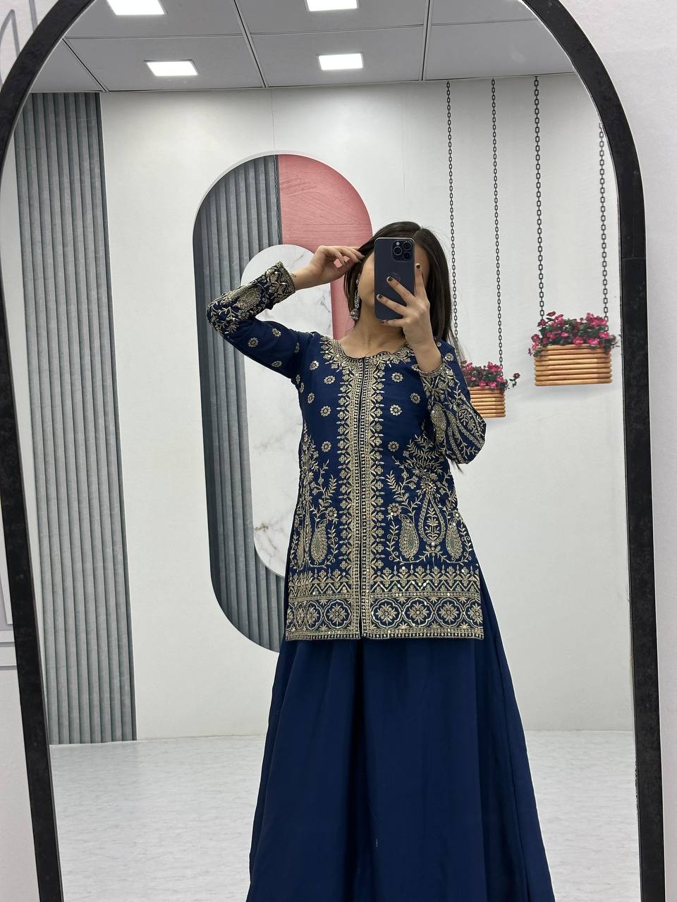 Enya blue Chinon kurti palazzo set with thread sequence embroidery work