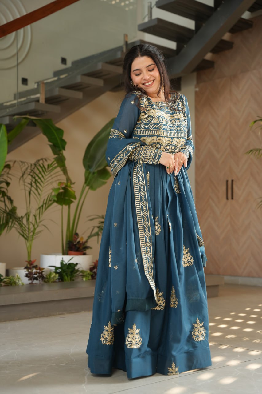 Teal blue chinnon embroidered gown with sequins work and dupatta