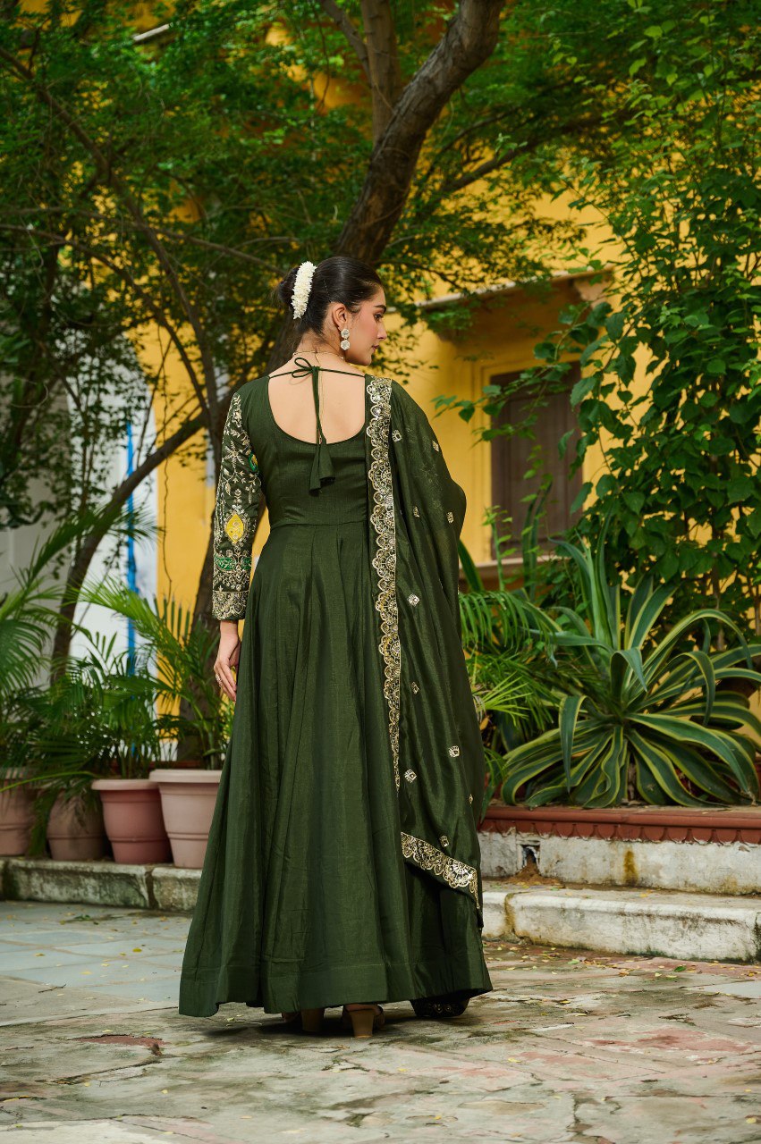 Maroon silk gown with multi thread zari embroidery and dupatta