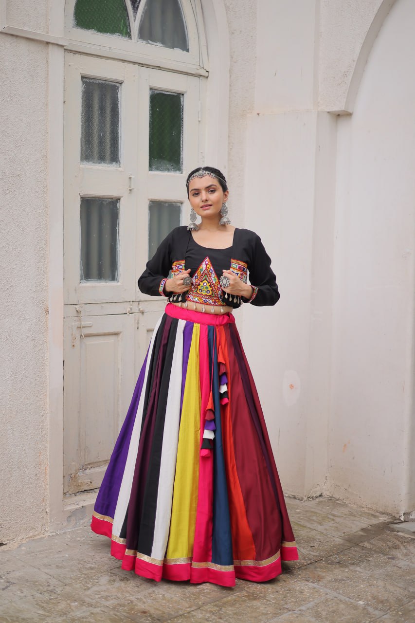 Multicolor pure rayon navratri lehenga choli with koti style blouse