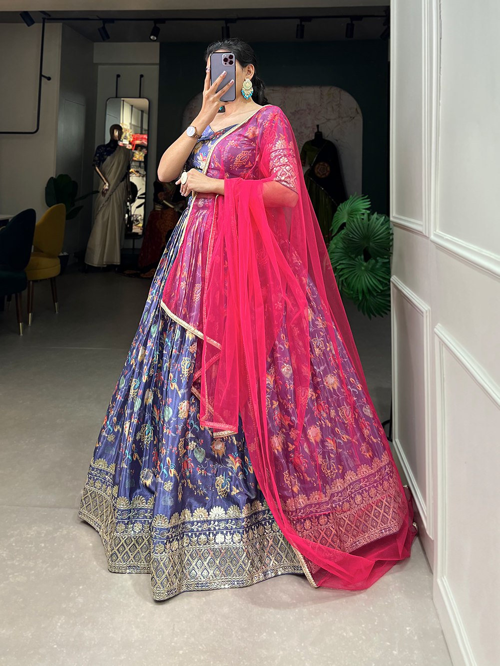 Purple chinon lehenga choli with digital print and embroidery sequins work