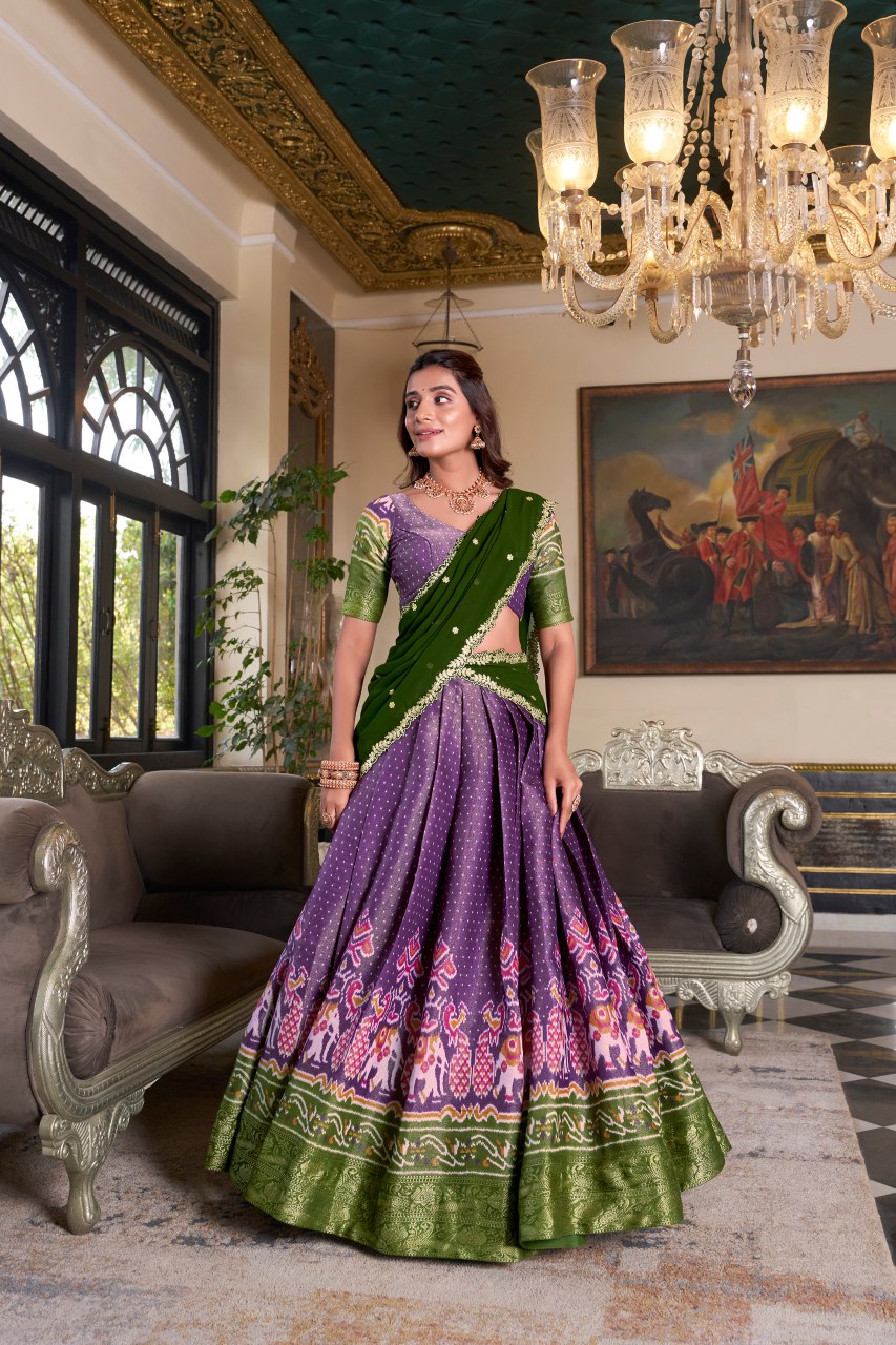 Purple Kanchipuram silk printed lehenga choli with embroidered dupatta