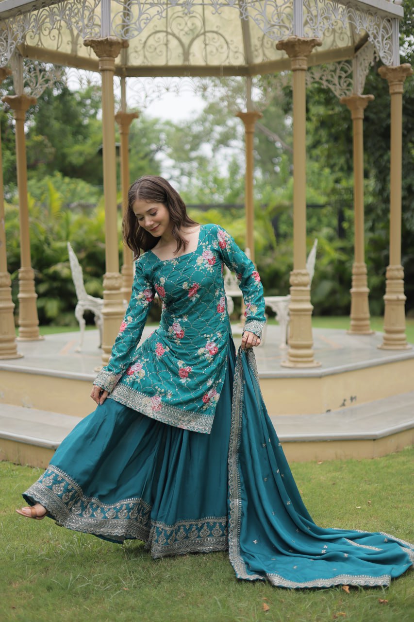 Teal chinon embroidered Medhasvi designer sharara suit