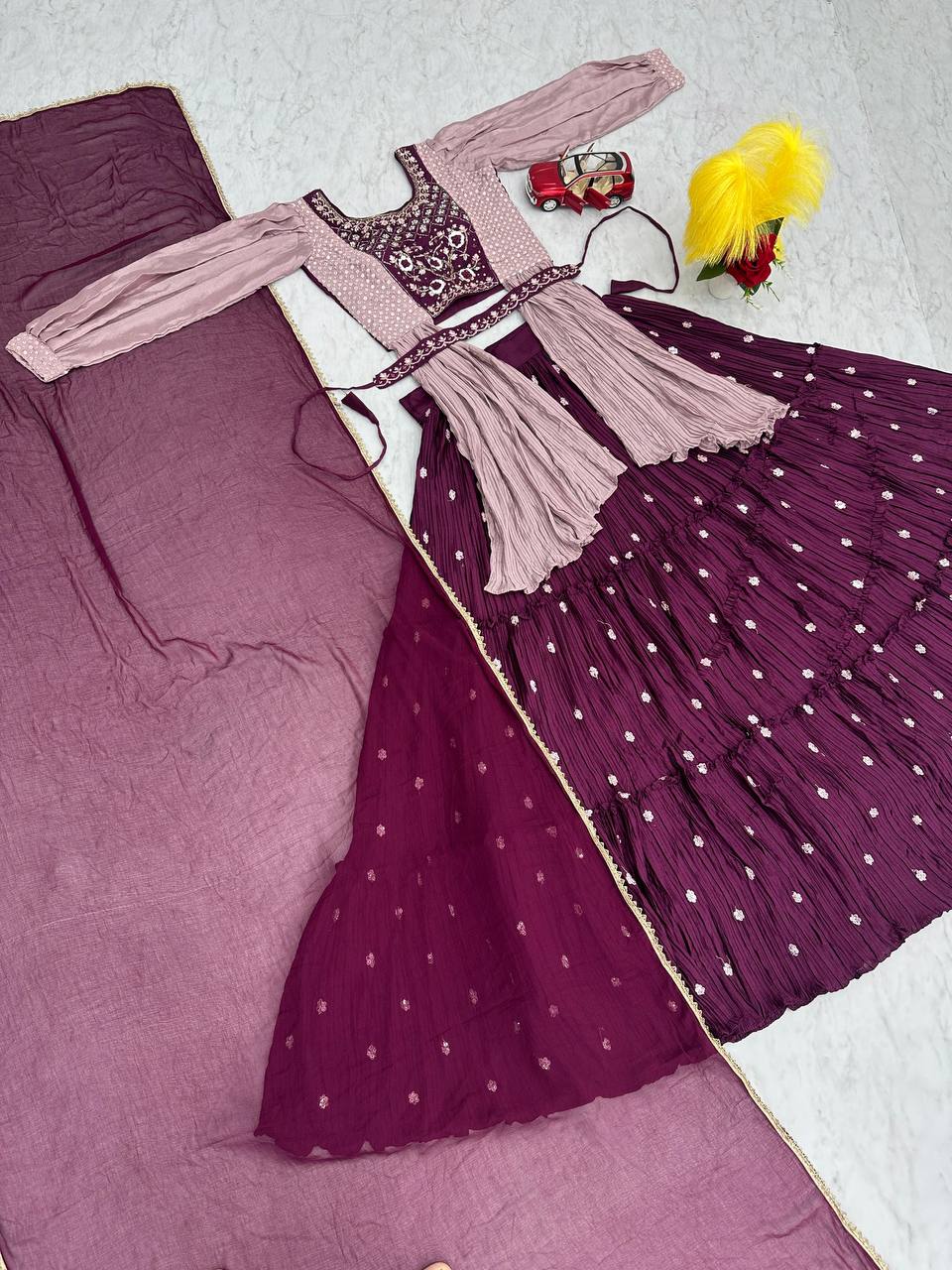 Malti wine color chinon embroidered crop top lehenga with nazmin dupatta and belt